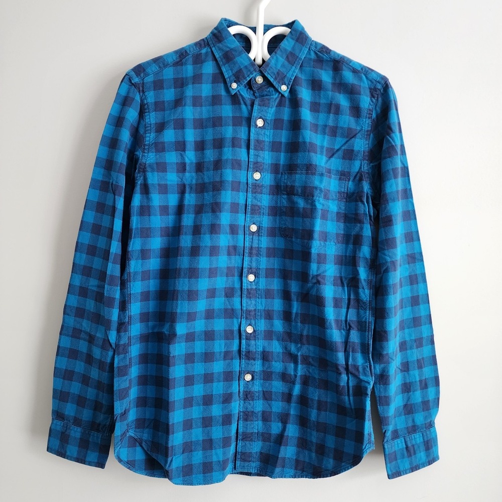J Crew Oxford Flannel Shirt Mens Small Slim Fit Blue Plaid Check Long Sleeve